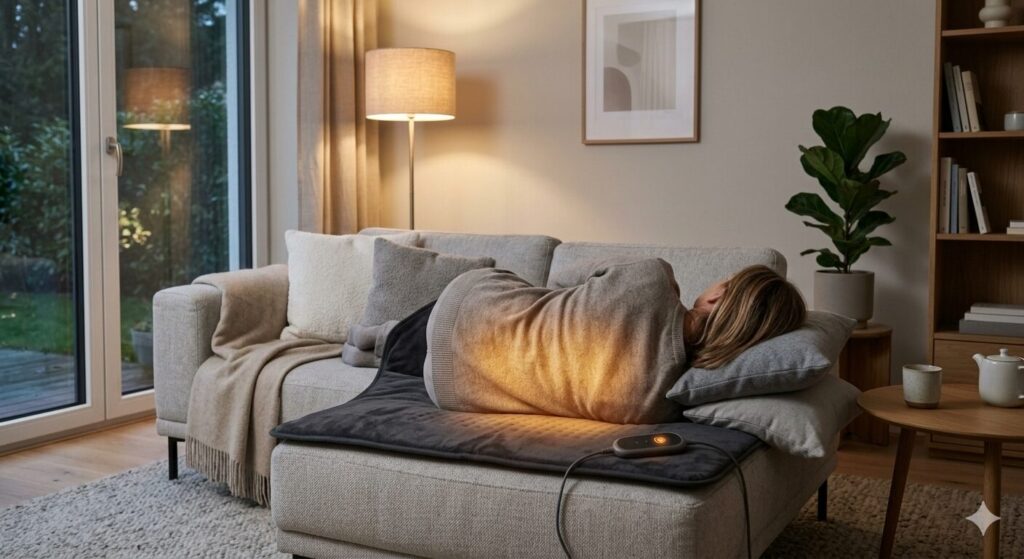 Entspannungsroutine am Abend mit einer elektrischen Massagematte mit Wärme