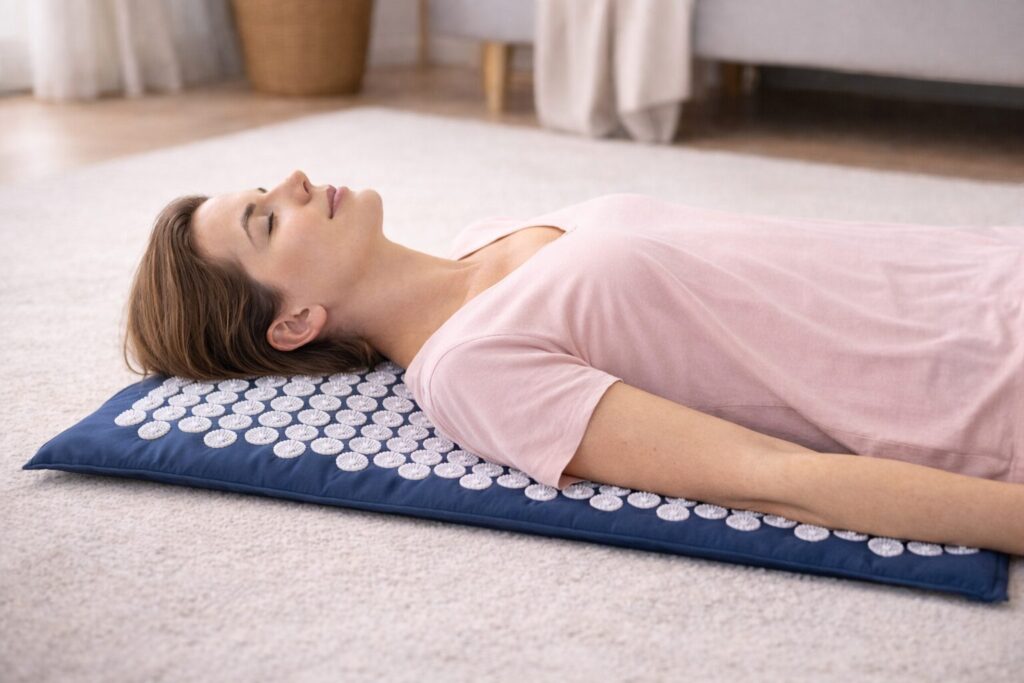 Anwendung einer Akupressurmatte zur Druckstimulation am Rücken