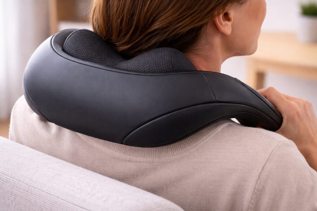 Nackenmassagegerät richtig anwenden – Dauer, Druck, Häufigkeit und typische Fehler 2 Nahaufnahme eines Nackenmassagegeräts im Schulter- und Nackenbereich