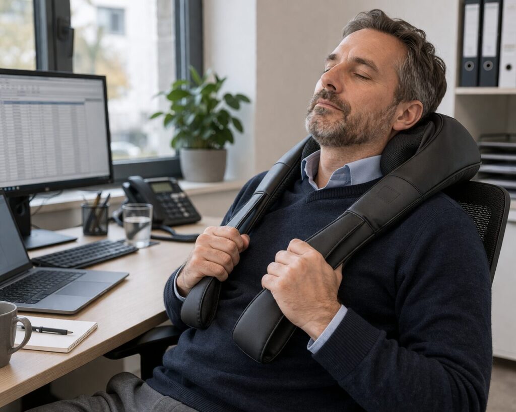 Mann verwendet Shiatsu Nackenmassagegerät im Büro nach langer Bildschirmarbeit