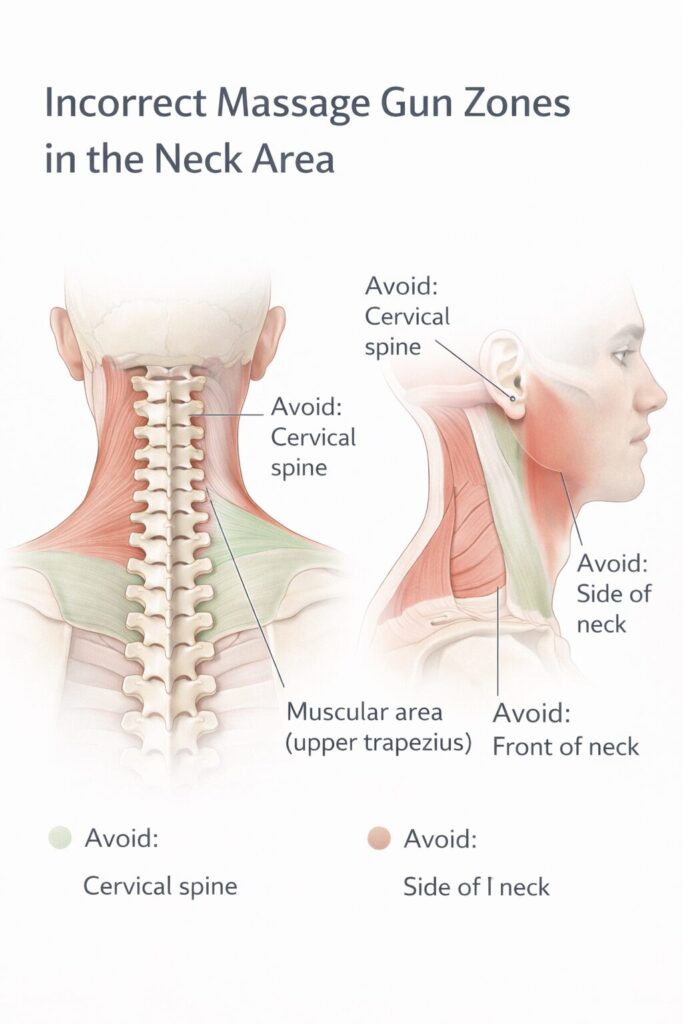Medizinische Grafik mit grünen Muskelzonen und roten Risikobereichen für die Anwendung einer Massagepistole im Nacken