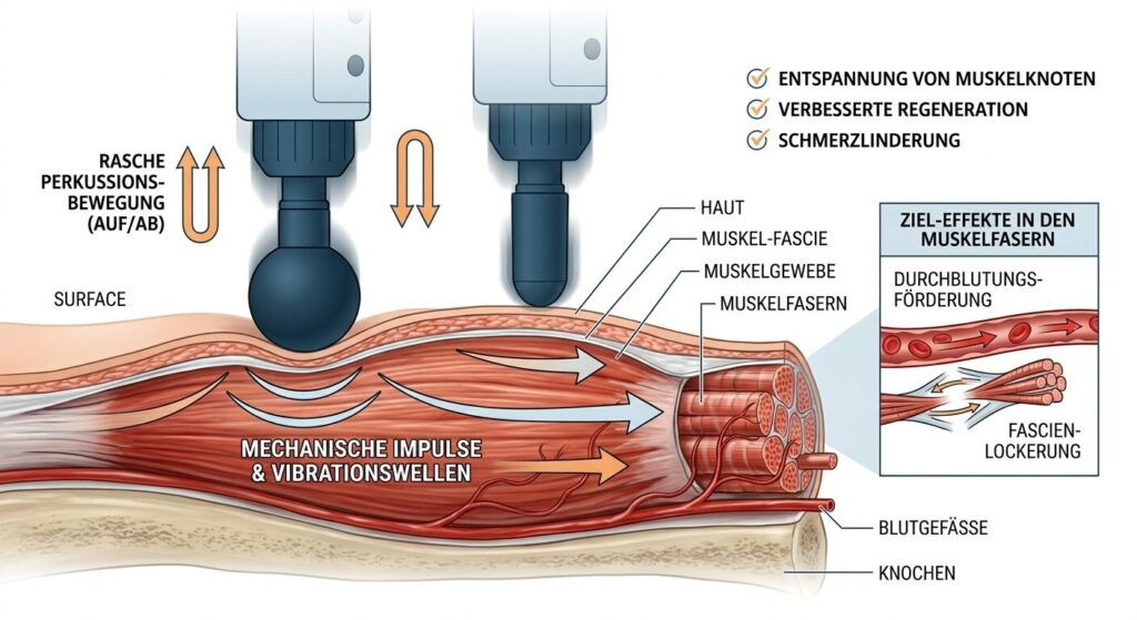 Diagramm der perkussiven Bewegung einer Massagepistole auf Muskelgewebe