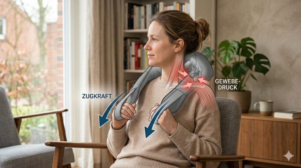 Nahaufnahme der Zugschlaufen eines Shiatsu Nackenmassagegeräts bei der Anwendung