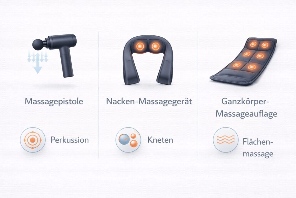 Infografik Vergleich Massagepistole Nackenmassagegerät und Massagematte