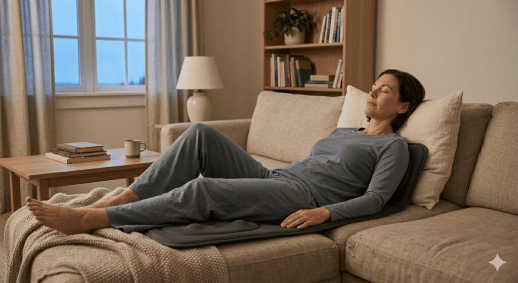 Massagematte bei Rückenschmerzen in entspannter Anwendungssituation zuhause