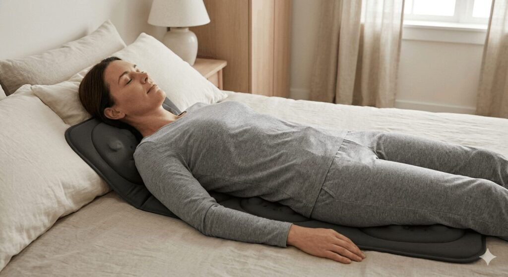 Massagematte bei Rückenschmerzen: Wann sie sinnvoll ist – und wo ihre Grenzen liegen 1 Anwendung einer elektrischen Massagematte im Liegen bei Rückenschmerzen