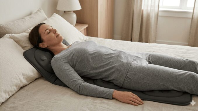 Anwendung einer elektrischen Massagematte im Liegen bei Rückenschmerzen