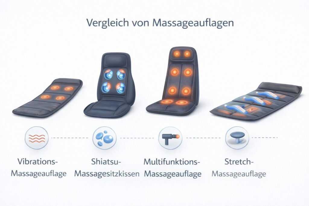 Übersicht verschiedener Massagematten-Typen mit unterschiedlichen Massageprinzipien