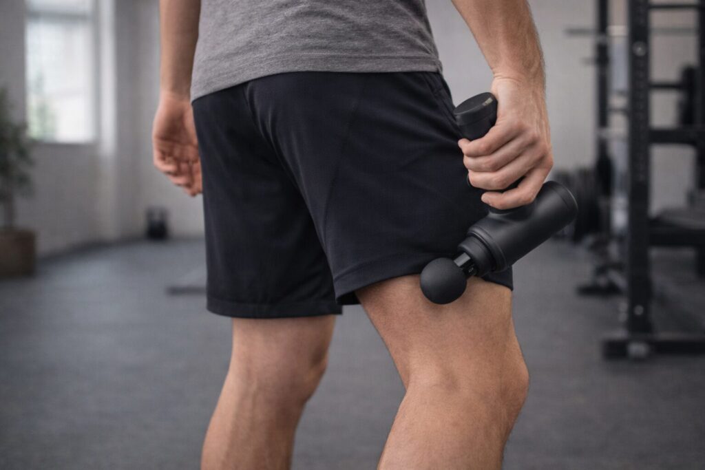 Sportler nutzt Massagepistole vor Dehnübung zur Verbesserung der Beweglichkeit