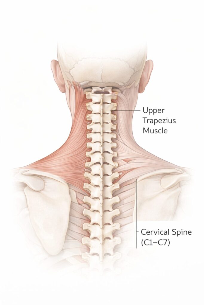 Anatomische Illustration der Nackenmuskulatur mit hervorgehobenem oberen Trapezmuskel und Halswirbelsäule (C1–C7) in posteriorer Ansicht