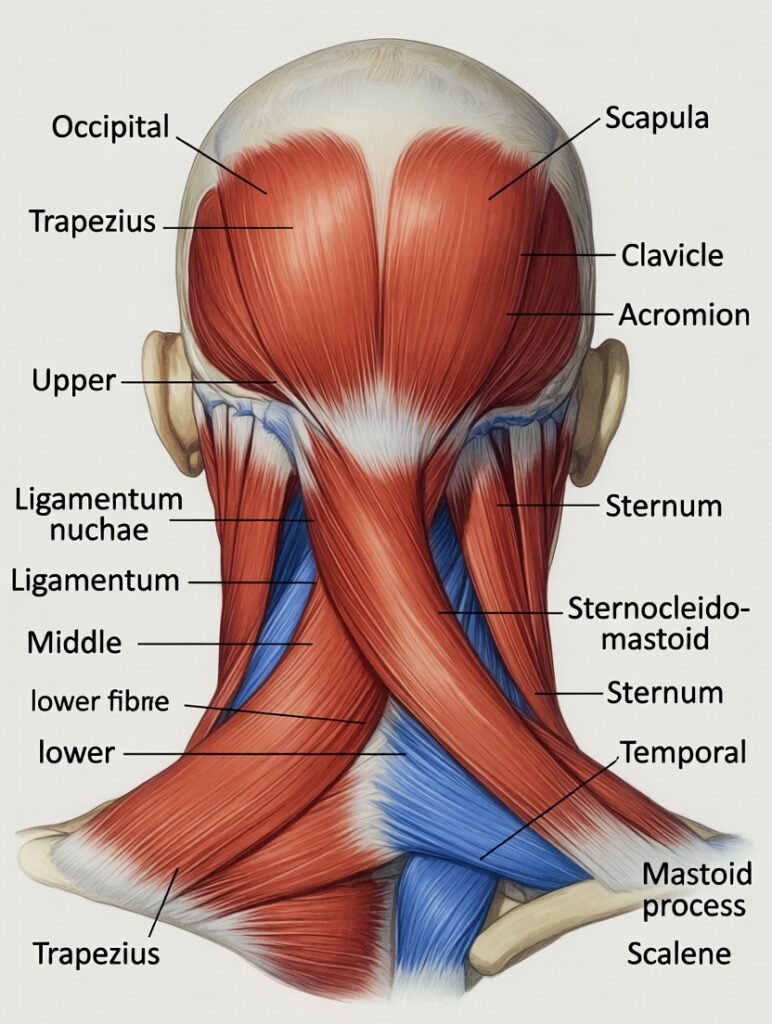 Nackenmassagegerät bei Verspannungen – was hilft wirklich? 1 Anatomische Darstellung der Nackenmuskulatur und des Trapezmuskels