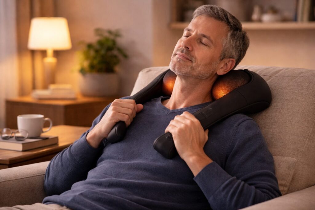 Nackenmassagegerät richtig anwenden – Dauer, Druck, Häufigkeit und typische Fehler 4 Mann verwendet ein Nackenmassagegerät mit Wärmefunktion im Wohnzimmer