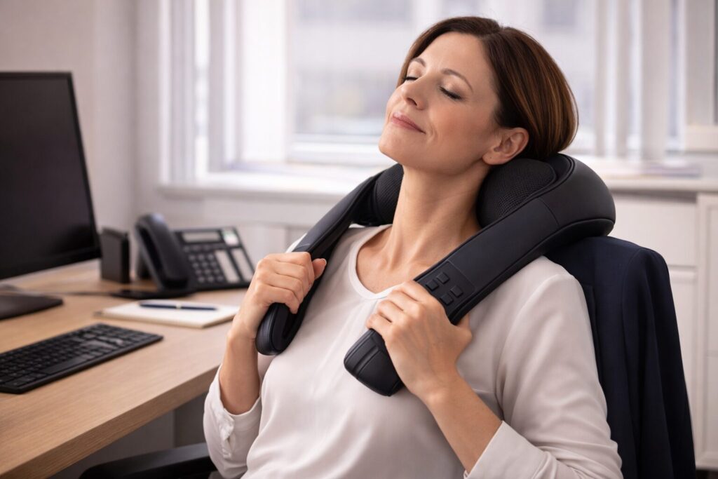 Nackenmassagegerät richtig anwenden – Dauer, Druck, Häufigkeit und typische Fehler 3 Frau nutzt ein Nackenmassagegerät im Büro nach längerer Bildschirmarbeit