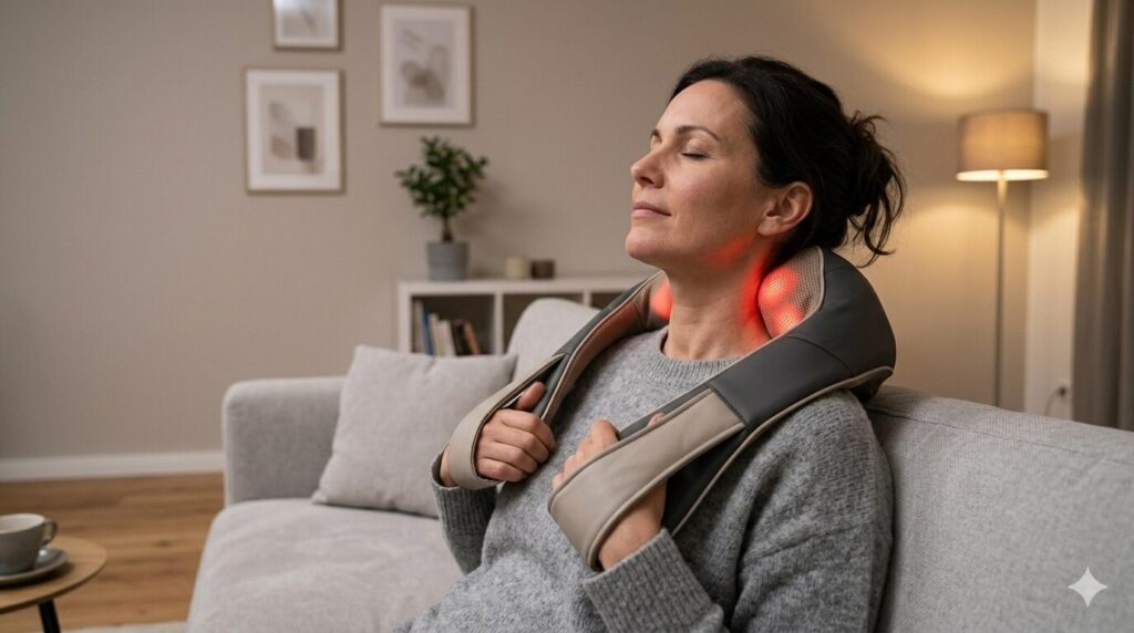 Anwendung eines Nackenmassagegeräts bei Verspannungen
