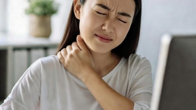 Nackenschmerzen Person mit Nackenverspannung nach längerer Bildschirmarbeit