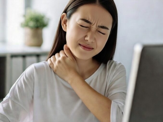 Person mit Nackenverspannung & Nackenschmerzen nach längerer Bildschirmarbeit