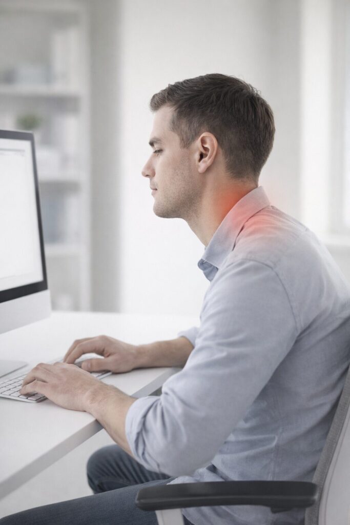 Typische Bildschirmhaltung mit leicht nach vorne geneigtem Kopf als möglicher Auslöser für Nackenverspannungen.