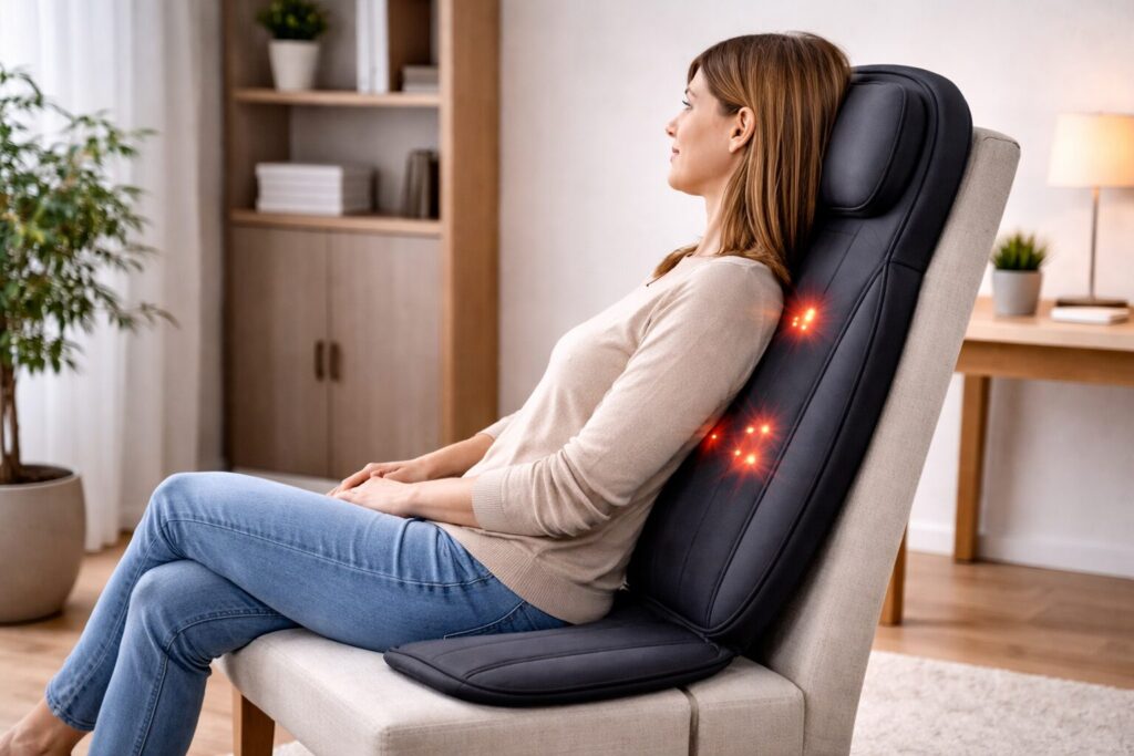 Shiatsu oder Vibrations-Massagematte – welche Technik passt zu wem? 1 Shiatsu Massagesitzauflage auf einem Stuhl in realistischer Anwendung