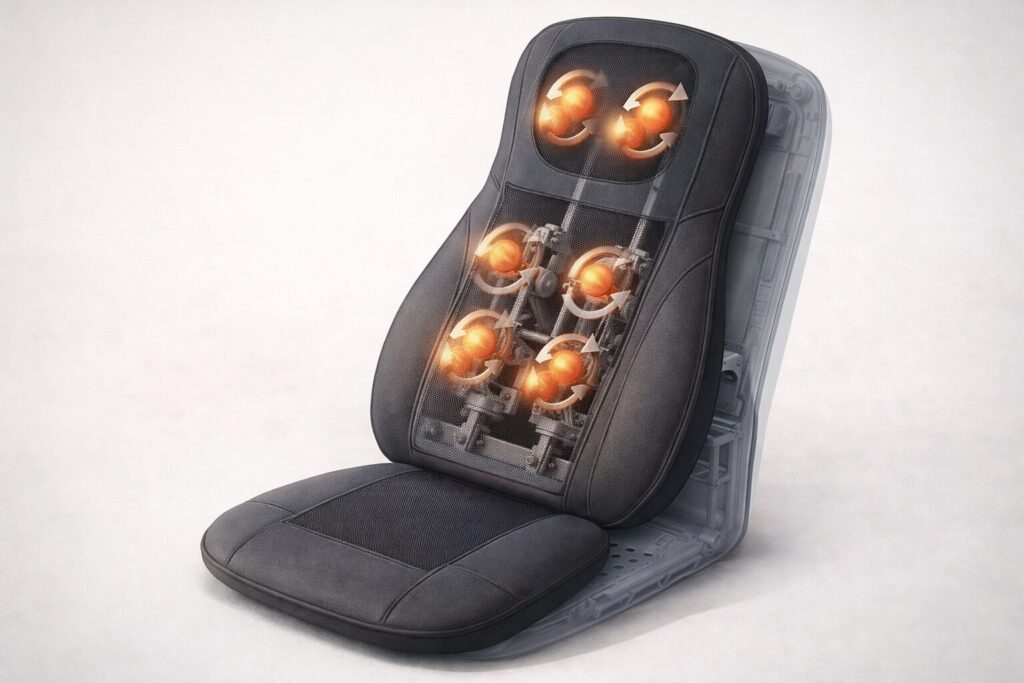 Funktionsprinzip einer Shiatsu Massagesitzauflage mit rotierenden Massageknoten