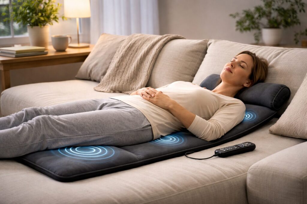 Anwendung einer Vibrations-Massagematte im Liegen zu Hause