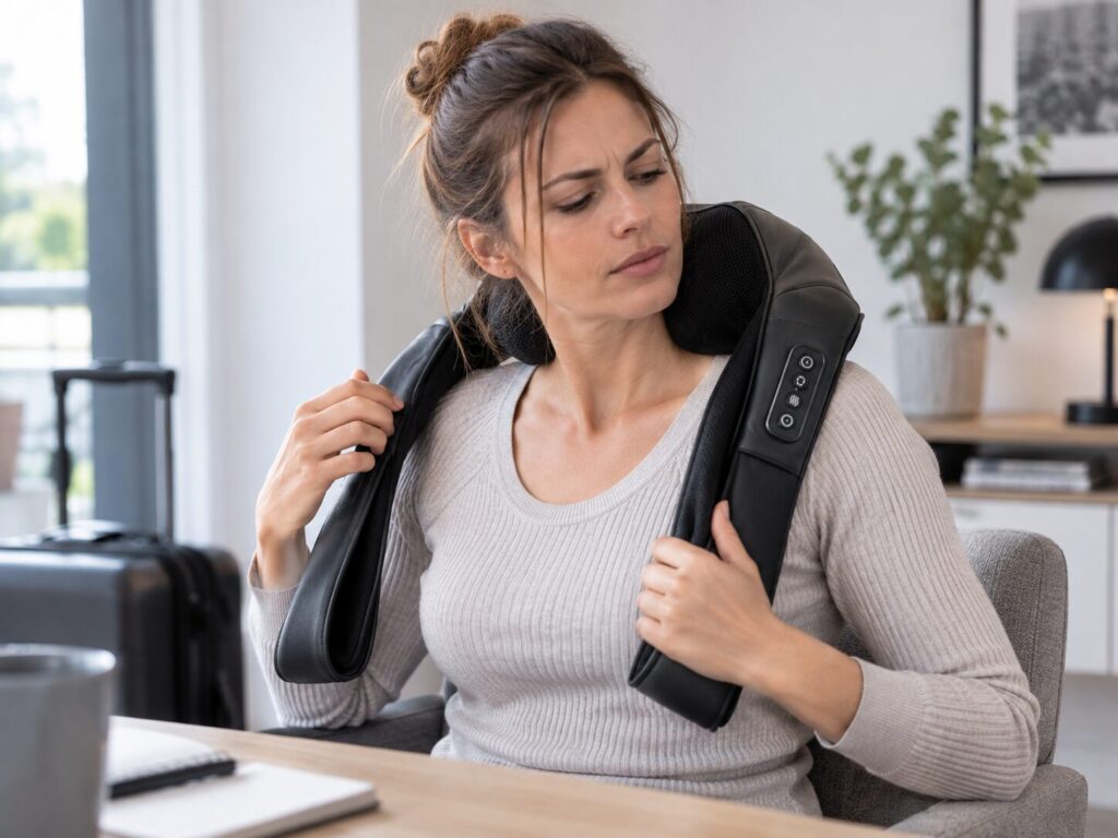 Person reduziert den Druck eines Nackenmassagegeräts oder setzt es bewusst ab