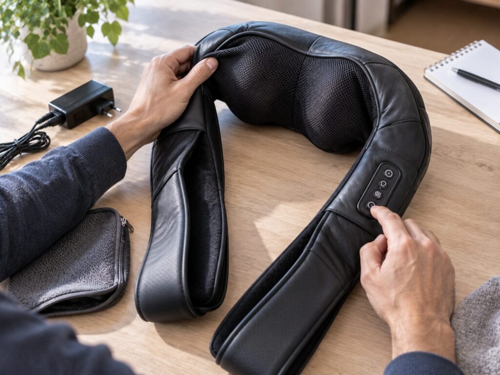 Nackenmassagegerät wird auf Verarbeitung, Bedienung und Ausstattung geprüft