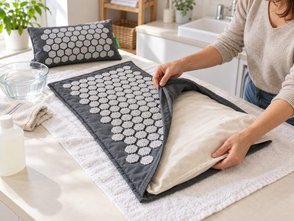 Akupressurmatte reinigen und pflegen: Bezug, Spitzen und Füllung richtig behandeln 1 Akupressurmatte mit herausgenommener Füllung zur Reinigung von Bezug und Spitzen