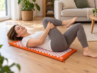 Frau führt eine aktive Übung in Rückenlage auf einer Shakti Mat Original aus