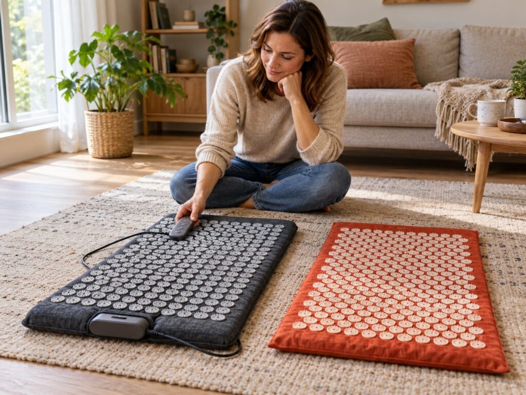 Akupressurmatte mit Vibration: sinnvoll oder unnötiger Zusatz? 1 Akupressurmatte mit Vibrationsfunktion neben klassischer Akupressurmatte im Vergleich