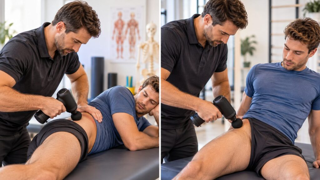 Massagepistole an Hüfte und Hüftbeuger richtig anwenden 1 Physiotherapeut behandelt bei einem Sportler die seitliche Hüfte und den vorderen Hüftbereich mit einer Massagepistole.