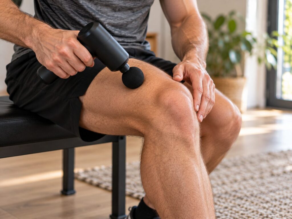 Massagepistole knapp oberhalb des Knies am unteren Quadrizeps anwenden