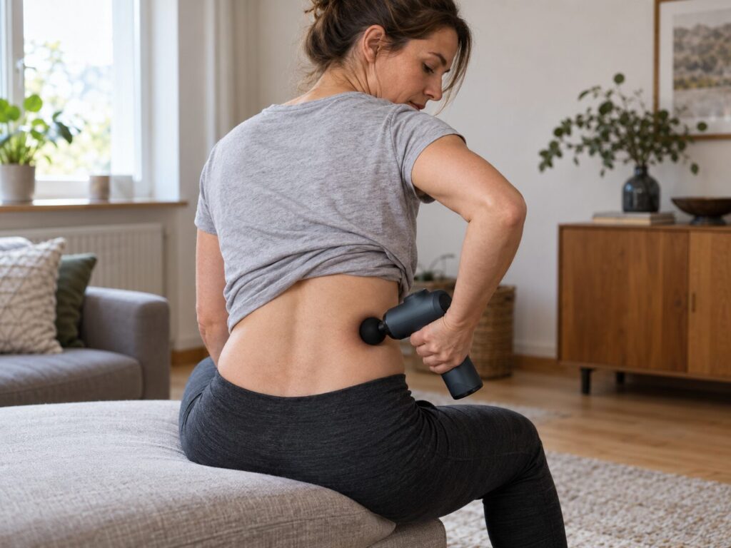 Massagepistole bei Bandscheibenvorfall – sinnvoll oder gefährlich? 1 Massagepistole bei Bandscheibenvorfall vorsichtig an der Rückenmuskulatur anwenden