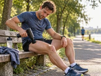 Läufer verwendet nach dem Training eine Massagepistole am Oberschenkel