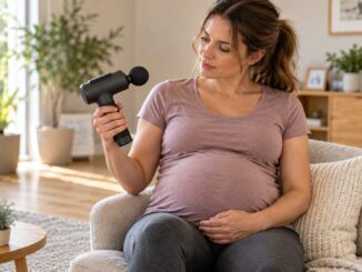 Schwangere Frau hält eine Massagepistole und überlegt, ob sie diese verwenden sollte