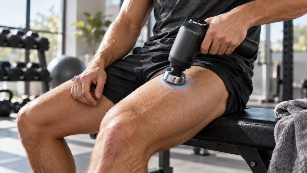 Massagepistole mit Kältefunktion – was bringt sie wirklich? 1 Massagepistole mit Kältefunktion am Oberschenkel nach dem Sport