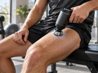 Massagepistole mit Kältefunktion am Oberschenkel nach dem Sport