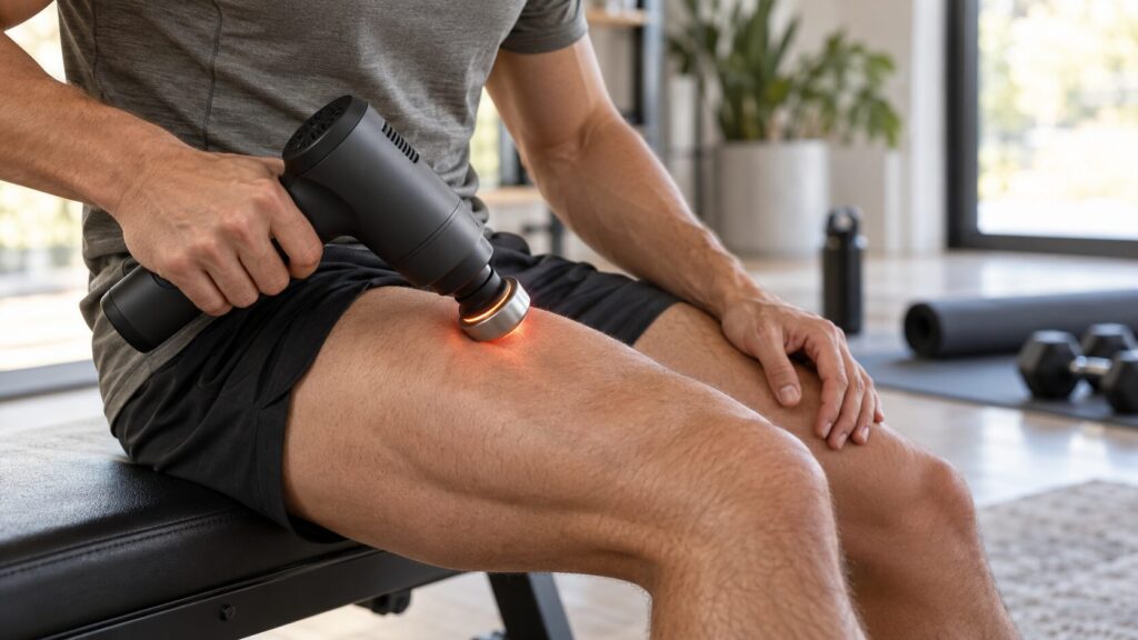 Massagepistole mit Wärme – sinnvoller Zusatz oder nur Marketing? 1 Massagepistole mit Wärmeaufsatz bei der Anwendung am Oberschenkel