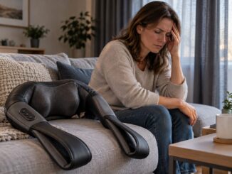 Nackenmassagegerät bei Migräne neben einer Person mit Kopfschmerzen