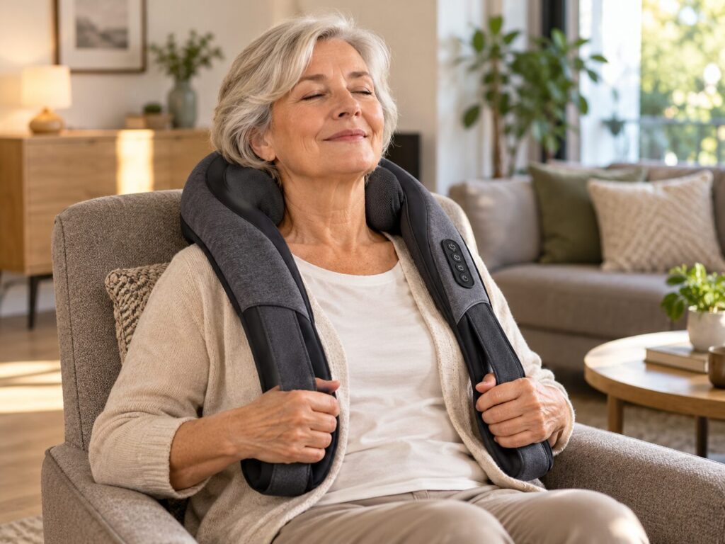 Nackenmassagegerät für Senioren – Bedienung, Intensität und Sicherheit 1 Seniorin nutzt ein Nackenmassagegerät mit Armschlaufen im Wohnzimmer