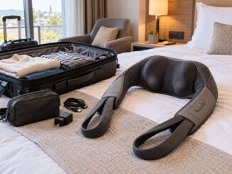 Nackenmassagegerät für Reisen und unterwegs im Hotelzimmer neben Handgepäck und Reiseutensilien